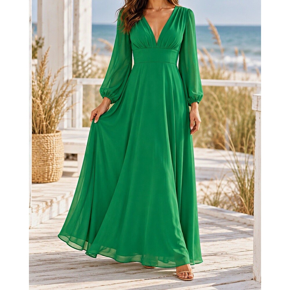 womens green chiffon v-neck balloon long sleeve pleated lined maxi dress 4